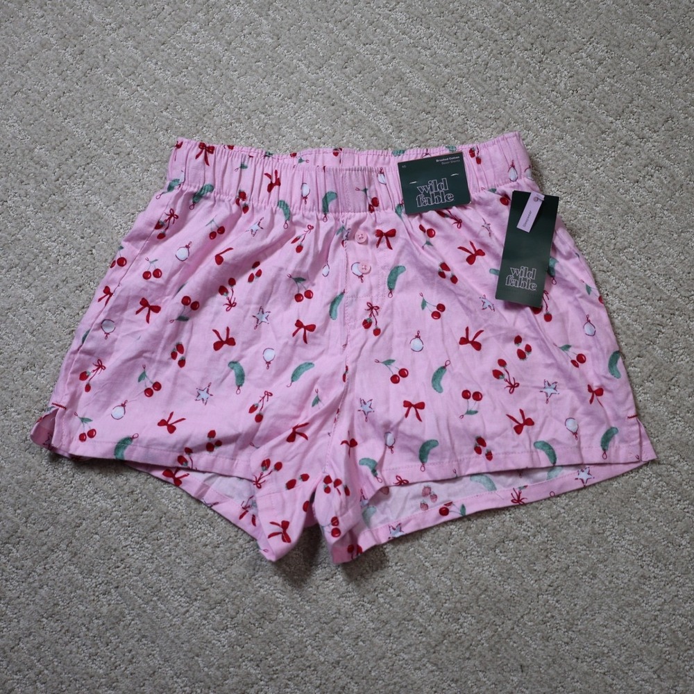 Wild Fable Pink Cherry Pickle Bow Print Brushed Cotton Boxer Shorts XS NWT